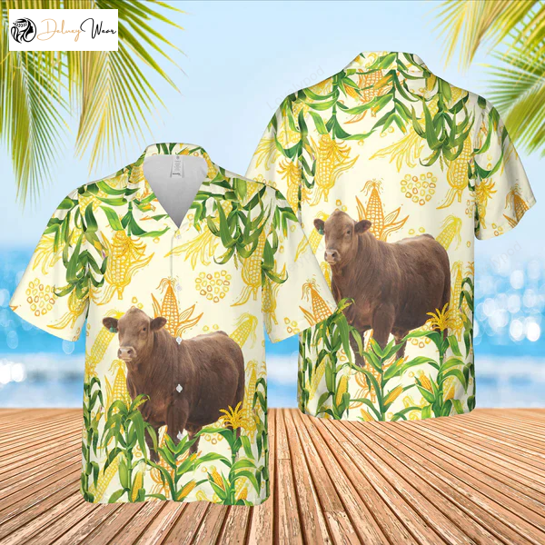 Corn Farm Gelbvieh Hawaiian Shirt Gift for Men Women Fans – Fun Summer Gifts for Men & Women Cow Print Design