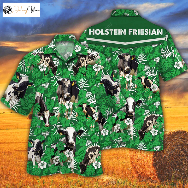 Cow Lovers Farm Hawaiian Shirt Gift for Men Women Fans – Holstein Friesian Cattle Green Floral Pattern Men s Shirt Gift for Men Women Fans