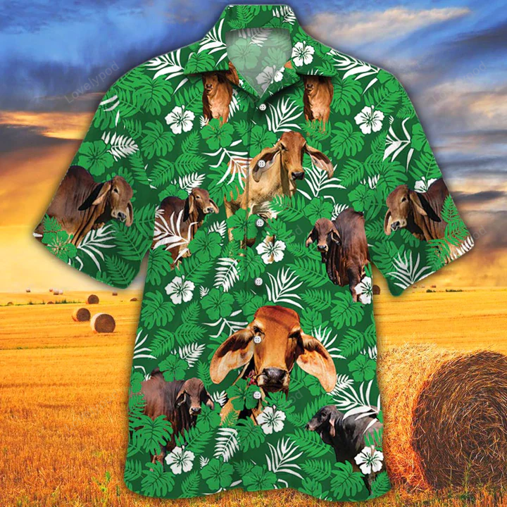 Cow Men s Hawaiian Shirt Gift for Men Women Fans – Vintage Farm & Red Brahman Cattle Lovers Green Floral Pattern