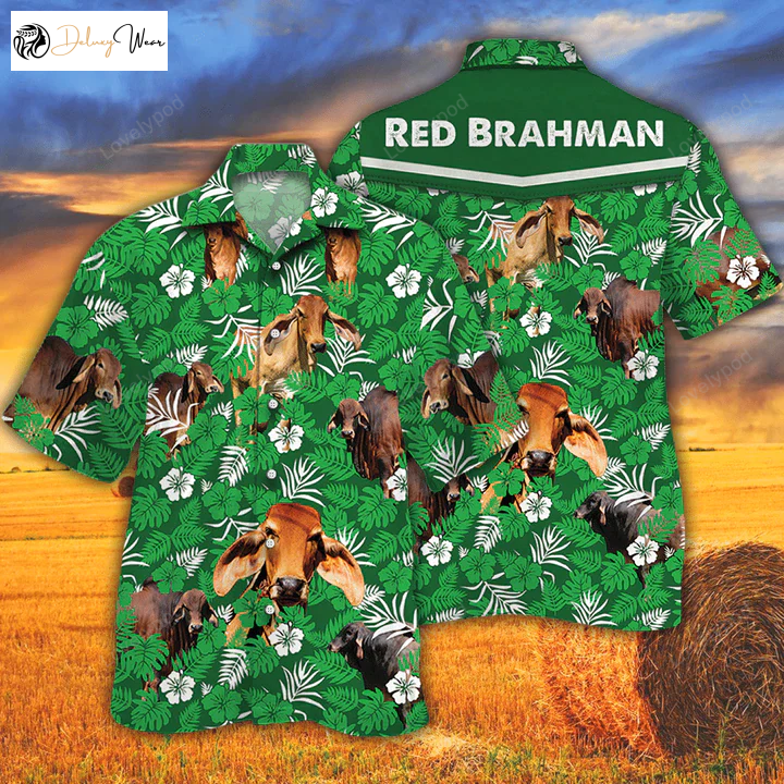 Cow Men s Hawaiian Shirt Gift for Men Women Fans – Vintage Farm & Red Brahman Cattle Lovers Green Floral Pattern