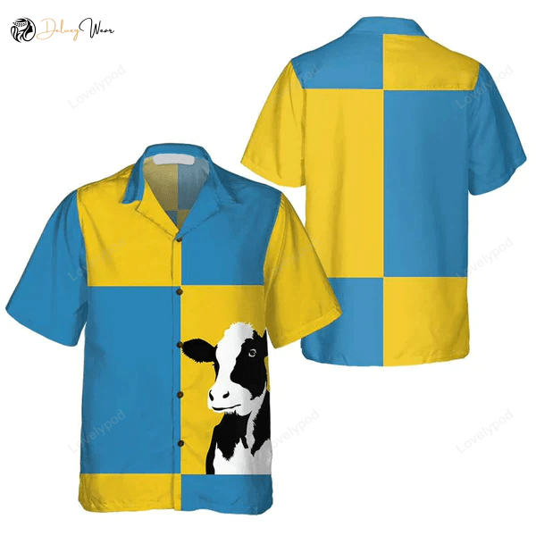 Stylish Cow Hawaiian Shirt Gift for Men Women Fans on Yellow and Blue Background – Perfect Summer Gift for Men and Women