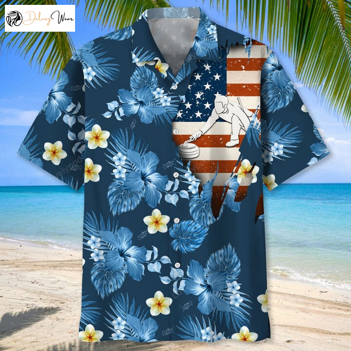 Curling USA Blue Tropical Hawaiian Shirt Gift for Men Women Fans: Men s Summer Gift