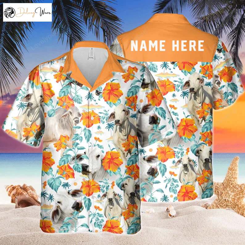 Custom Name Brahman Cow Hawaiian Shirt Gift for Men Women Fans – Summer Gifts for Men and Women Hibiscus Flowers Design