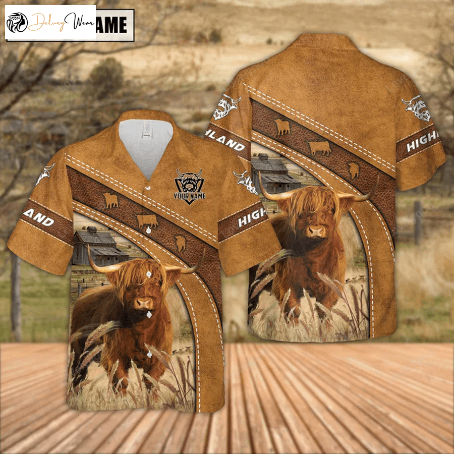 Highland Cattle Leather Pattern Hawaiian Shirt Gift for Men Women Fans – Custom Name Gift for Men & Women