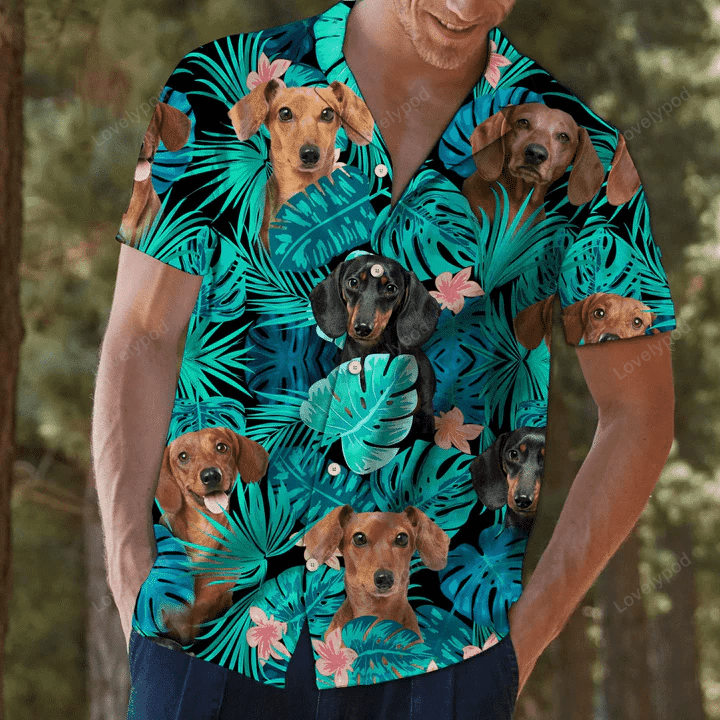 Dachshund Behind Tropical Leaves Hawaiian Shirt Gift for Men Women Fans: Perfect Summer Style!