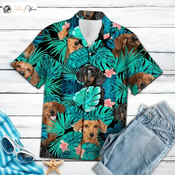 Dachshund Behind Tropical Leaves Hawaiian Shirt Gift for Men Women Fans: Perfect Summer Style!
