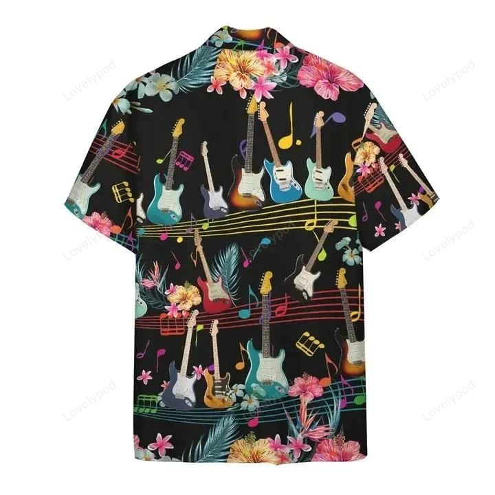 Electric Guitar Hawaiian Shirt Gift for Men Women Fans: Music Stave & Notes Summer Short Sleeve Aloha Shirt Gift for Men Women Fans