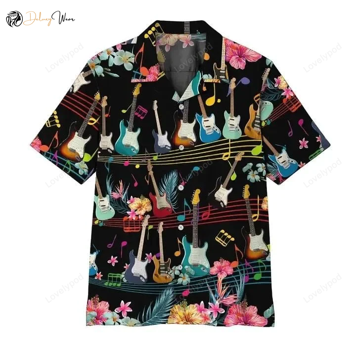 Electric Guitar Hawaiian Shirt Gift for Men Women Fans: Music Stave & Notes Summer Short Sleeve Aloha Shirt Gift for Men Women Fans