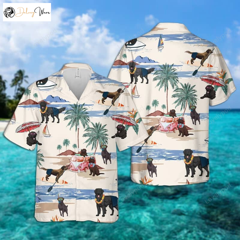 Summer Beach Hawaiian Shirt Gift for Men Women Fans for Flat-Coated Retrievers Dog Beach Short Sleeve Shirt Gift for Men Women Fans