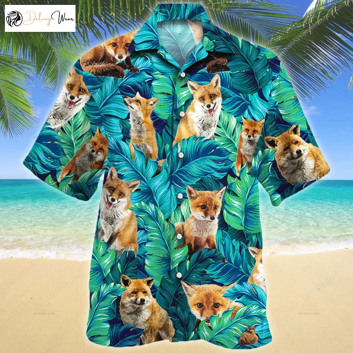 Fox Lovers Hawaiian Shirt Gift for Men Women Fans – Tropical Men s Button Down Casual Short Sleeve Shirt Gift for Men Women Fans