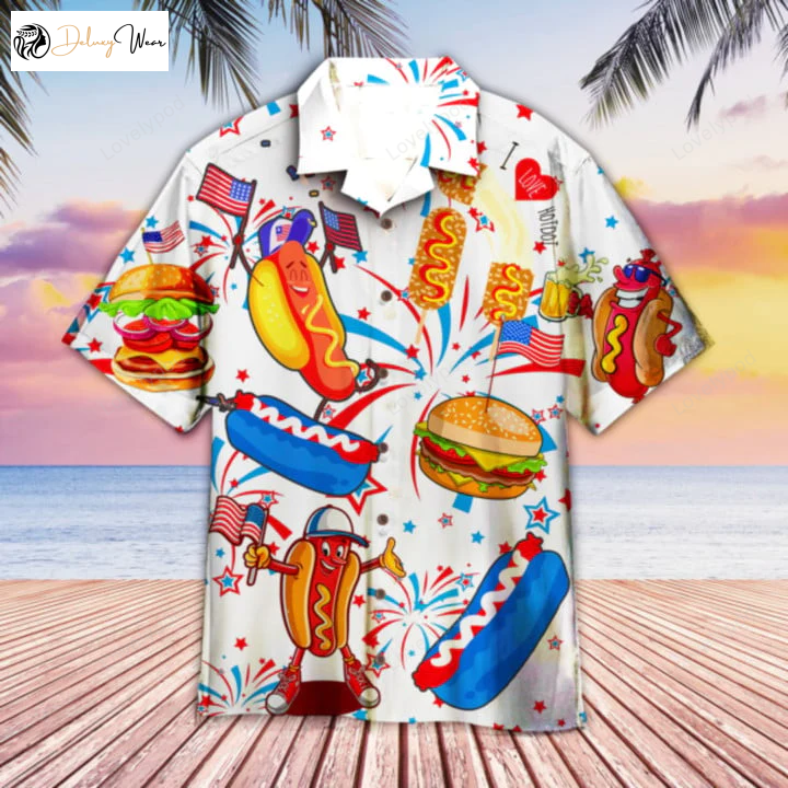 Funny American Hot Dog 4th Of July Hawaiian Shirt Gift for Men Women Fans – Men & Women Hot Dog Design