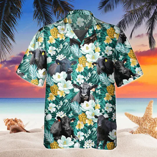 Black Angus Blue Floral Hawaiian Shirt Gift for Men Women Fans – Vintage Gift for Cow Lovers Men & Women