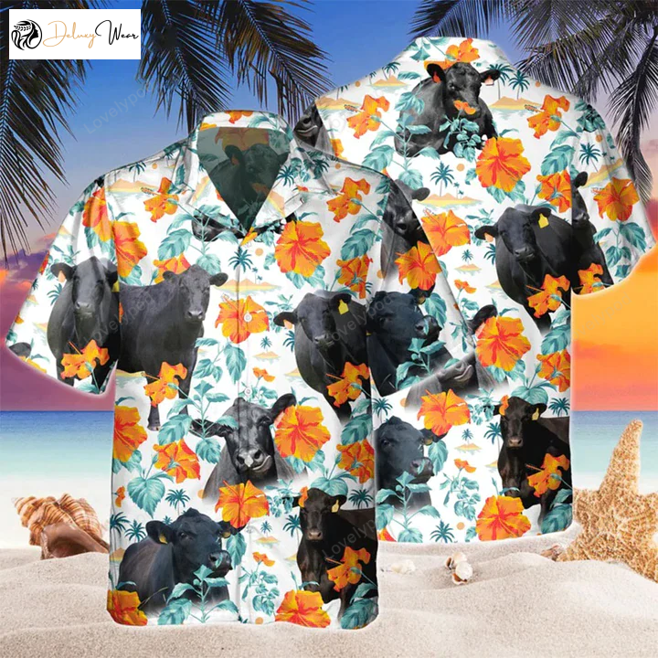 Black Angus Blue Floral Hawaiian Shirt Gift for Men Women Fans – Vintage Gift for Cow Lovers Men & Women