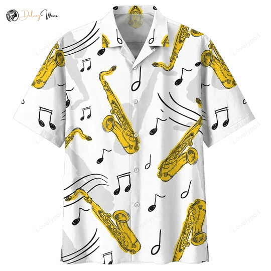 Golden Saxophone Hawaiian Shirt Gift for Men Women Fans with Stunning Background Design – Jazz up Your Style!