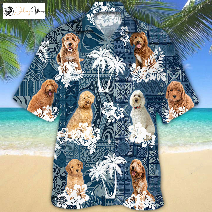 Blue Hawaiian Shirt Gift for Men Women Fans with Goldendoodle & Tropical Plants Pattern – Stylish & Fun!