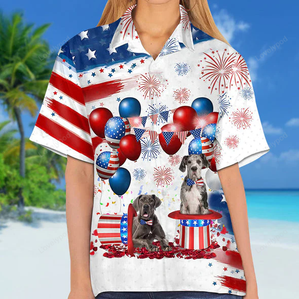 4th of July Hawaiian Shirt Gift for Men Women Fans: Great Dane Independence Day Shirt Gift for Men Women Fans for Men & Women