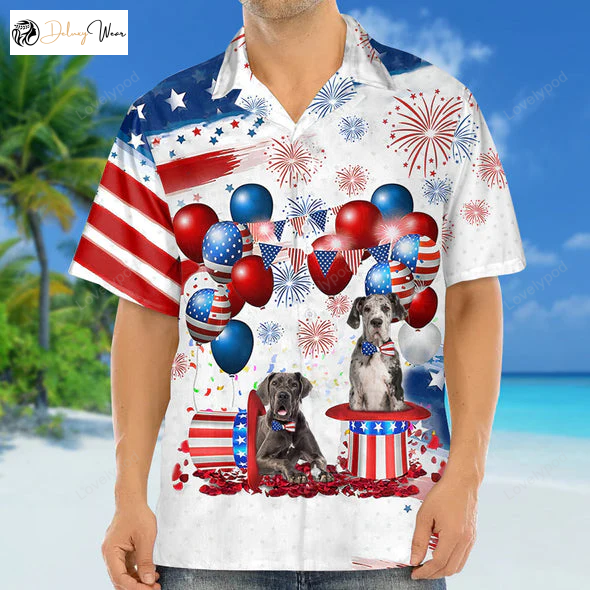 4th of July Hawaiian Shirt Gift for Men Women Fans: Great Dane Independence Day Shirt Gift for Men Women Fans for Men & Women