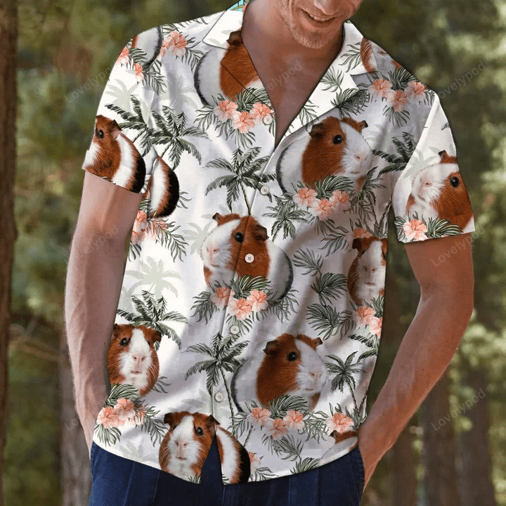 Stylish Summer Hawaiian Shirt Gift for Men Women Fans – Guinea Pig with Flowers and Leaves Short Sleeve Aloha Shirt Gift for Men Women Fans