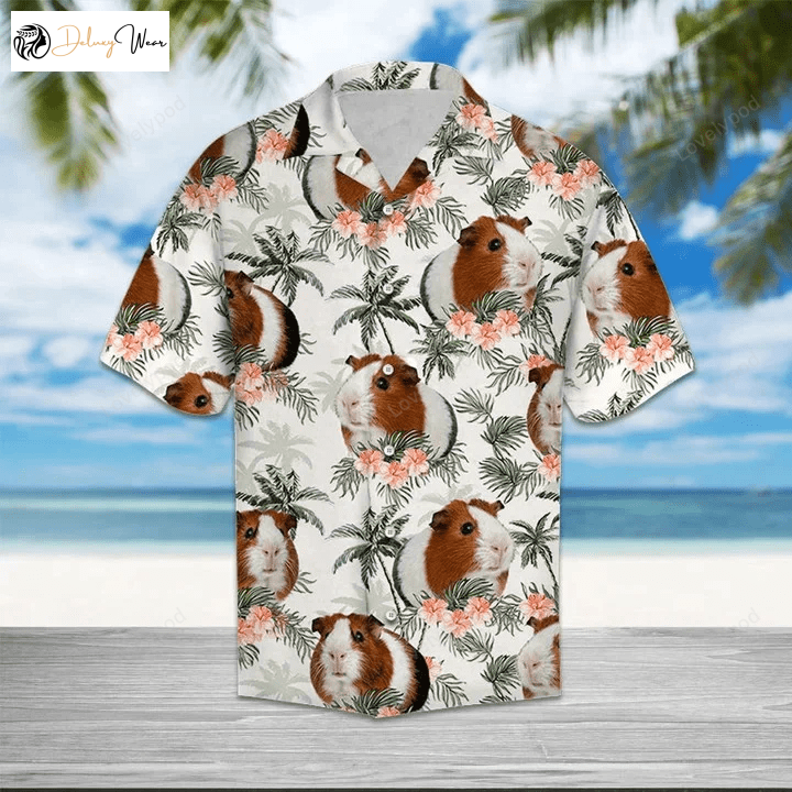 Stylish Summer Hawaiian Shirt Gift for Men Women Fans – Guinea Pig with Flowers and Leaves Short Sleeve Aloha Shirt Gift for Men Women Fans