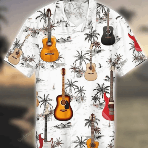 Palm Tree Tropical Hawaiian Guitar Shirt Gift for Men Women Fans – Summer Gift for Men Aloha Beach Shirt Gift for Men Women Fans
