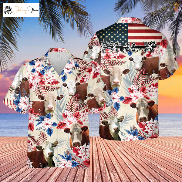 Hereford Cattle American Flag Hawaiian Shirt Gift for Men Women Fans for Men & Women – Farm Cow Floral Design