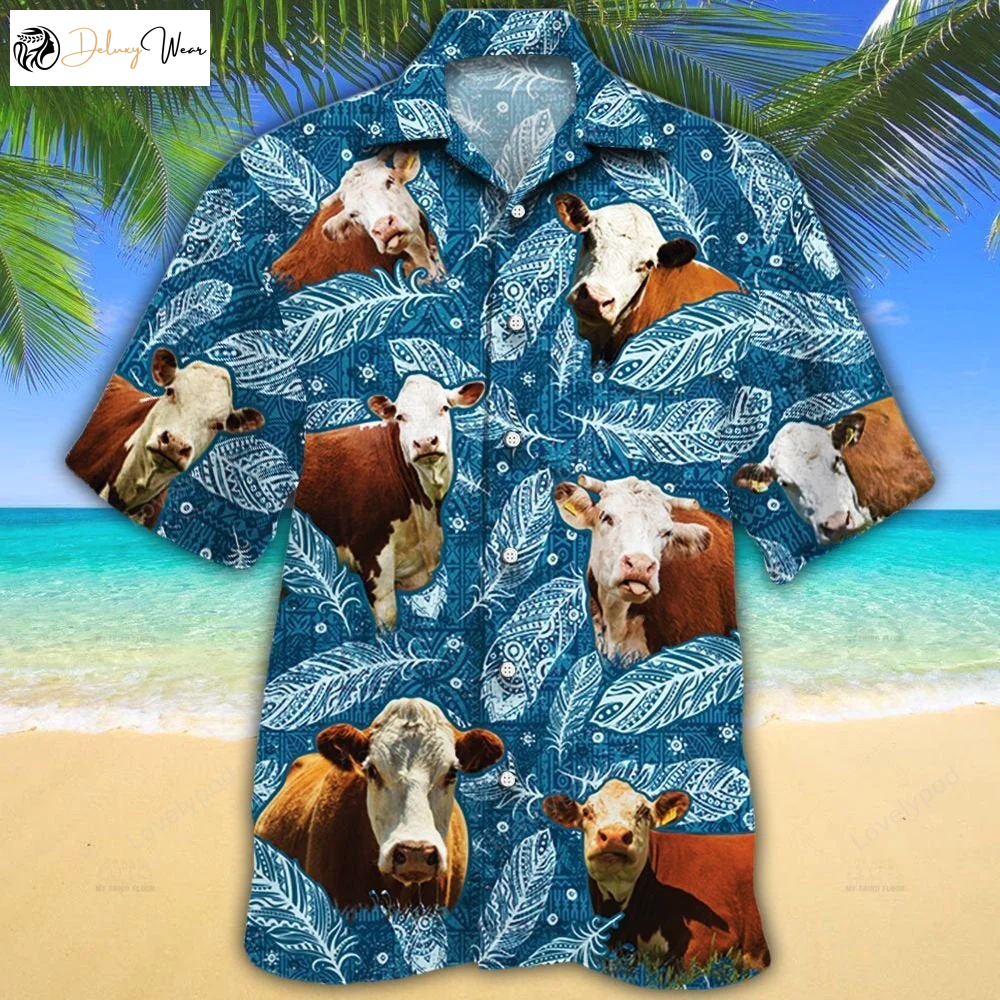Stylish Hereford Cattle Lovers Hawaiian Shirt Gift for Men Women Fans with Blue Feather Design