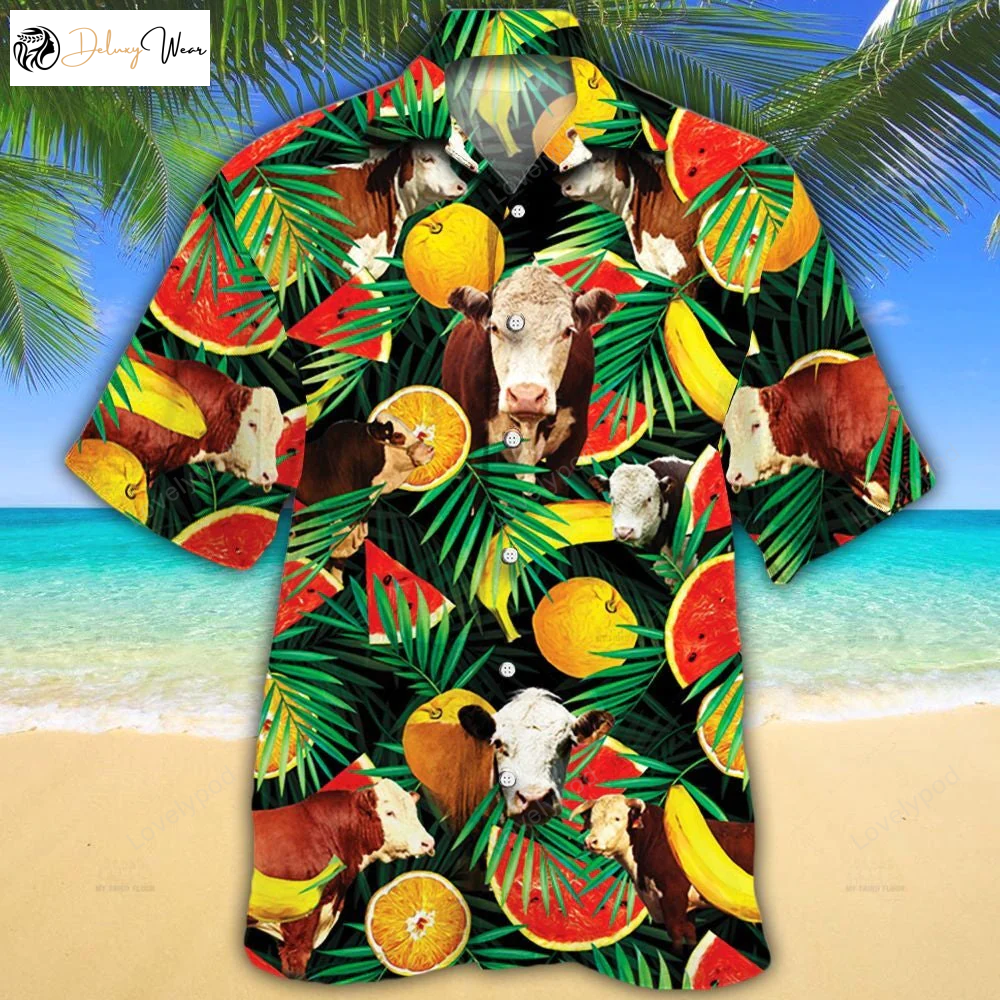 Stylish Hereford Cattle Lovers Hawaiian Shirt Gift for Men Women Fans Tropical Fruits Design
