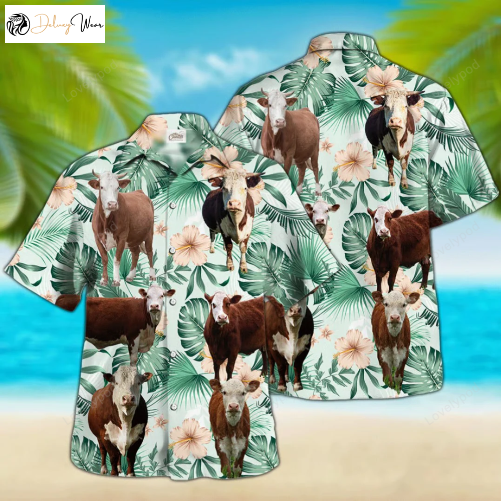 Farm Lovers Hereford Cow Hawaiian Shirt Gift for Men Women Fans: Summer Men & Women s Aloha Shirt Gift for Men Women Fans