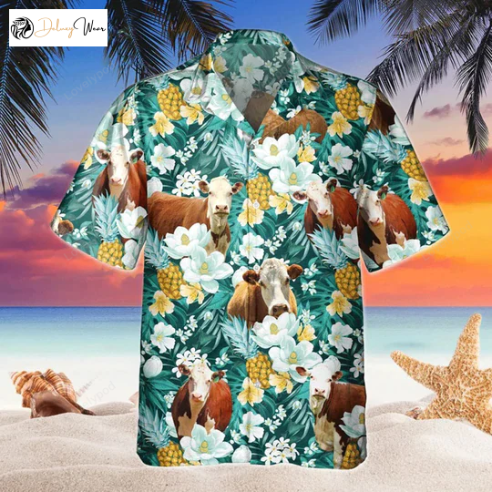 Hereford Floral Hawaiian Shirt Gift for Men Women Fans: Beach Shirt Gift for Men Women Fans for Farm Animal Lovers