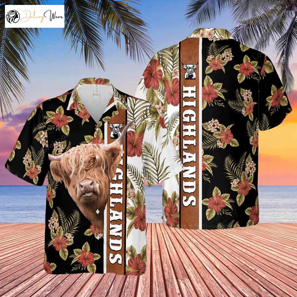 Hibiscus Flowers Highlands Cattle Brown Hawaiian Shirt Gift for Men Women Fans – Cow Print Summer Gifts for Men & Women