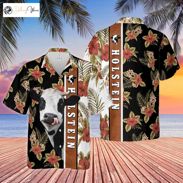 Hibiscus Flowers Holstein Cattle Brown 3D Hawaiian Shirt Gift for Men Women Fans – Stylish Cow Print Summer Gift for Men & Women