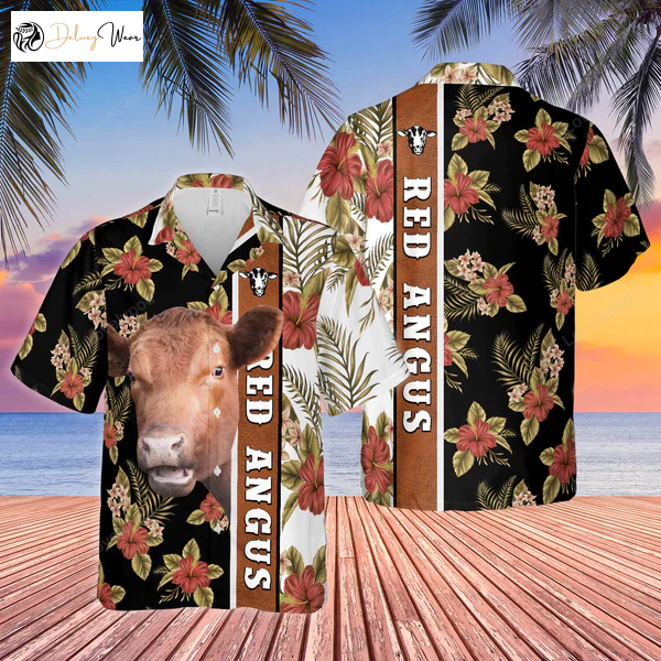 Red Angus Cattle Hawaiian Shirt Gift for Men Women Fans – Hibiscus Flowers Brown Summer Gifts for Men & Women
