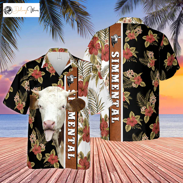 Hibiscus Flowers Simmental Cattle Brown Hawaiian Shirt Gift for Men Women Fans – Trendy Cow Shirt Gift for Men Women Fans for Men & Women Perfect Summer Gift