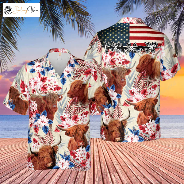 Highland Cattle American Flag Flowers Hawaiian Shirt Gift for Men Women Fans – Farm Cow Print for Men & Women