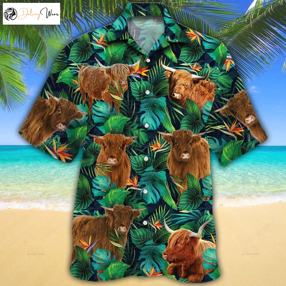 Highland Cattle Lovers Hawaiian Shirt Gift for Men Women Fans: Tropical Leaves Print for a Stylish Tropical Look