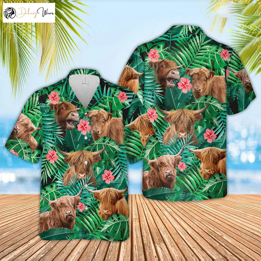 Highland Cow Hawaiian Shirt Gift for Men Women Fans – Farmer & Funny Summer Tropical Gift For Him