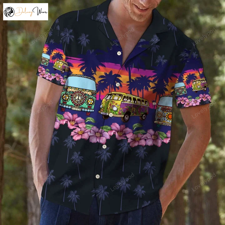 Hippie Bus Hawaiian Shirt Gift for Men Women Fans Border Chest Design Unique & Vibrant Aloha Style