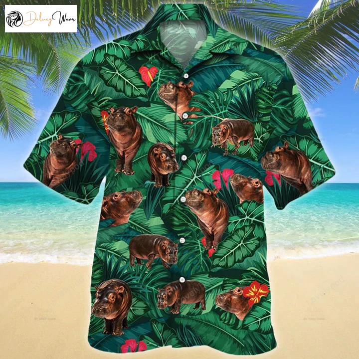 Hippo Lovers Gift Hawaiian Shirt Gift for Men Women Fans – Tropical Hippo Men s Casual Button Down Short Sleeve