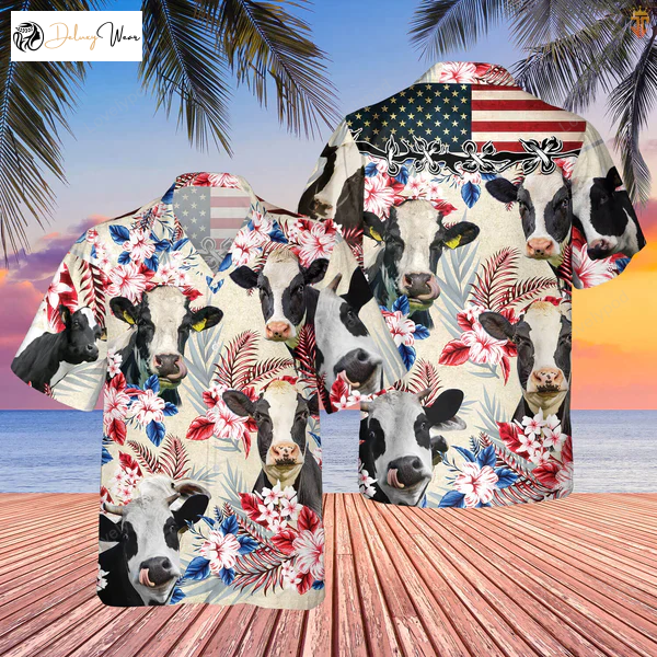 Holstein Friesian Cattle American Flag Hawaiian Shirt Gift for Men Women Fans Farm Cow Men Women s Tee