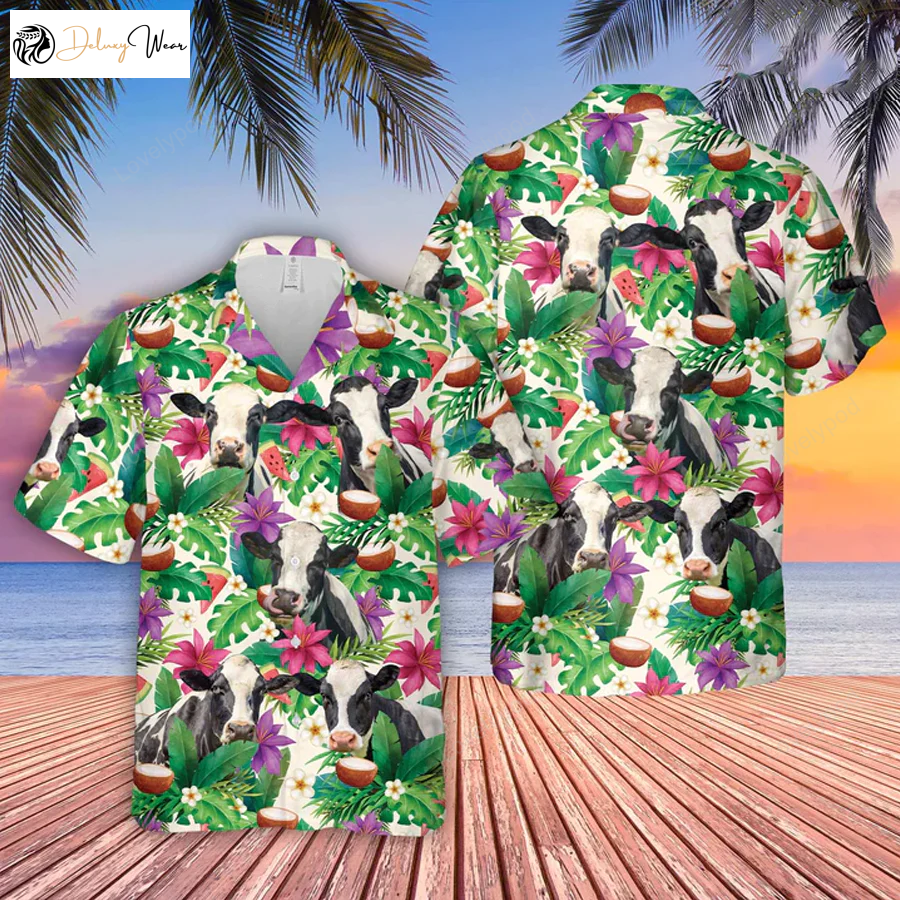 Holstein Summer Floral 3D Hawaiian Shirt Gift for Men Women Fans – Farm Lover s Casual Button Down Shirt Gift for Men Women Fans