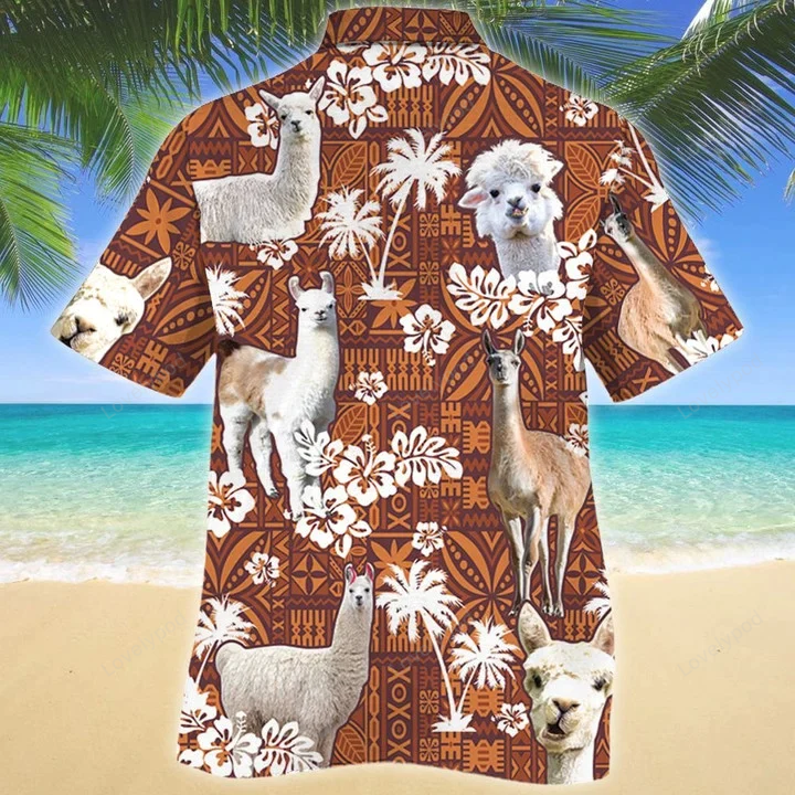 Llama & White Hibiscus on Brown Tribal Hawaiian Shirt Gift for Men Women Fans – Men s Short Sleeve Aloha Shirt Gift for Men Women Fans