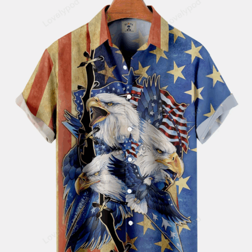 Men s American Flag & Eagle Print Hawaiian Shirt Gift for Men Women Fans – 4th of July Patriotic Tee