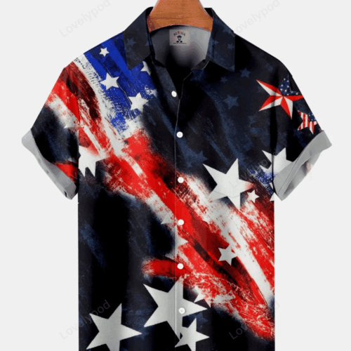 Men s American Flag Star Print Hawaiian Shirt Gift for Men Women Fans – 4th Of July Short Sleeve USA Patriotic