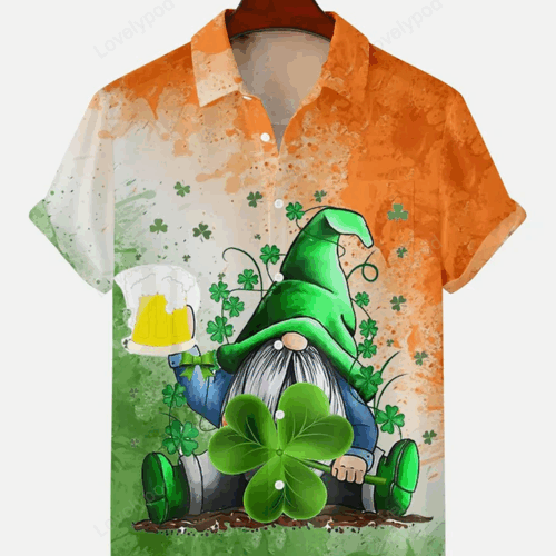 St Patrick s Day Men s Printed Shirt Gift for Men Women Fans: Stylish Gnome Hawaiian Design