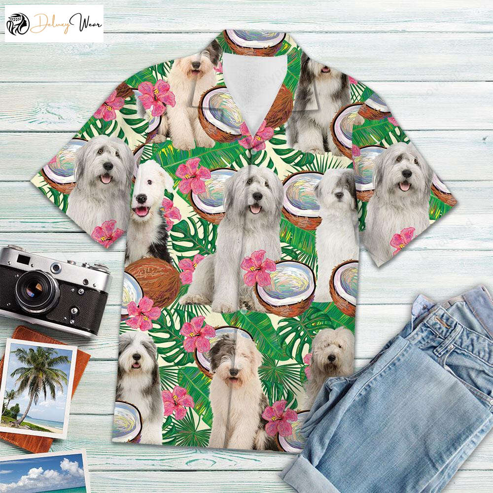 Old English Sheepdog Tropical Coconut Hawaiian Shirt Gift for Men Women Fans – Short Sleeve Aloha Shirt Gift for Men Women Fans