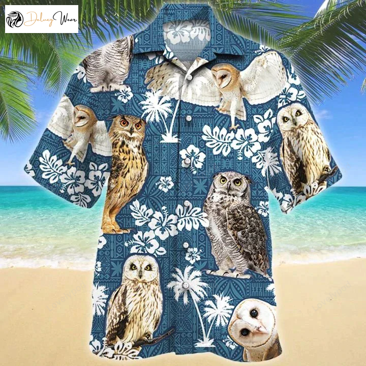 Stylish Owl Blue Hawaiian Shirt Gift for Men Women Fans with Tribal Pattern – Perfect for a Trendy Look!