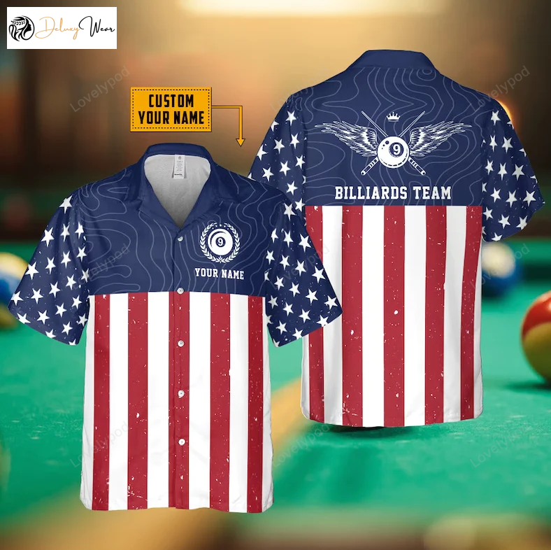 Custom Billiard American Flag Hawaiian Shirt Gift for Men Women Fans – Personalized Design for Pool Enthusiasts
