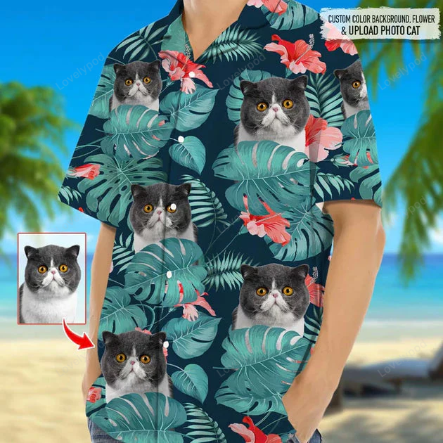 Cat Print Hawaiian Shirt Gift for Men Women Fans: Personalized Photo Upload Men s Women s Cat Flowers Short-Sleeve