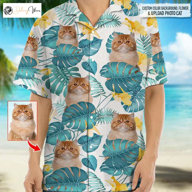 Cat Print Hawaiian Shirt Gift for Men Women Fans: Personalized Photo Upload Men s Women s Cat Flowers Short-Sleeve
