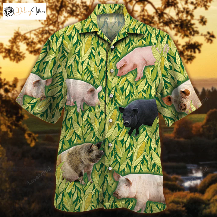 Pig Lovers Hawaiian Shirt Gift for Men Women Fans – Vintage Farm Animals Button Down Mens Hawaiian Shirt Gift for Men Women Fans